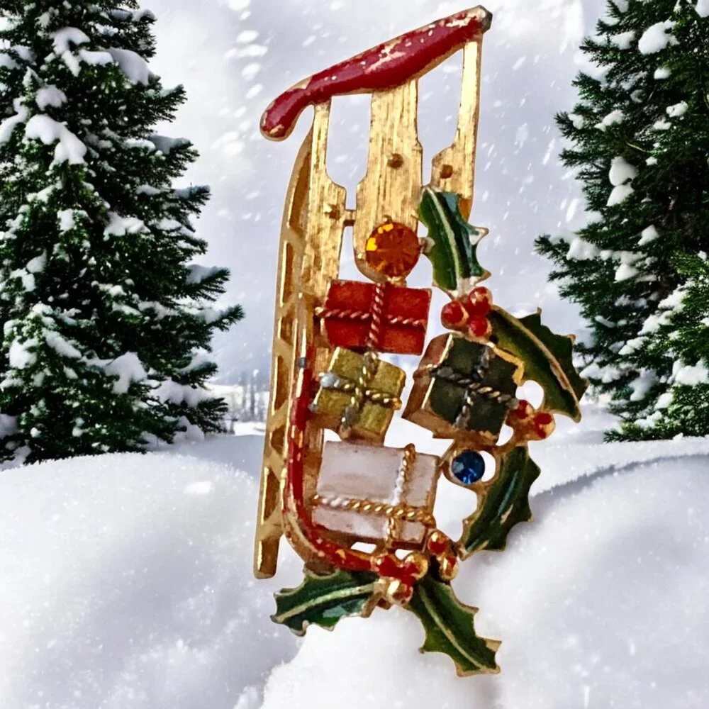 Weiss Christmas Sled Brooch Pin Rhinestones Enamel Gifts GoldTone Vintage Signed
